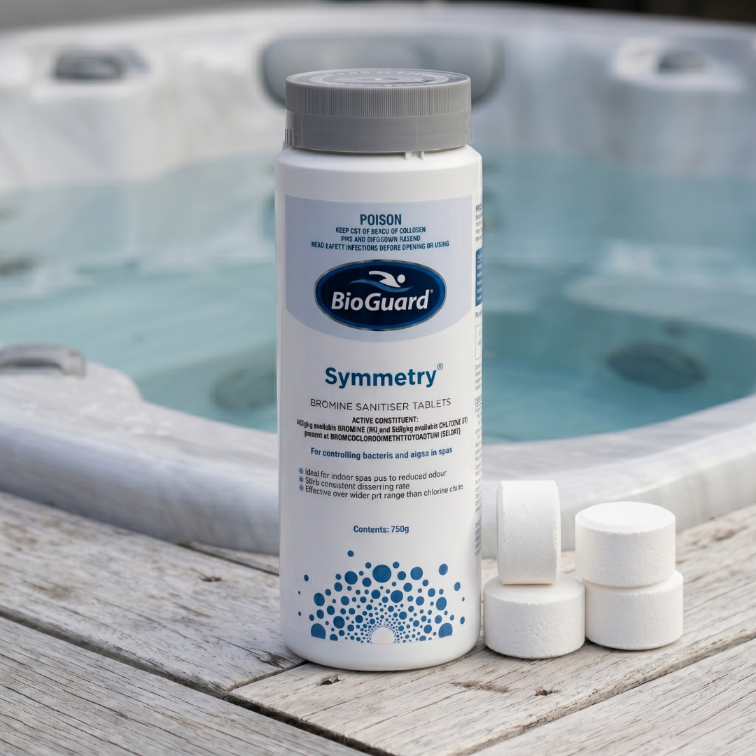 750g bottle of BioGuard Symmetry Bromine Sanitiser Tablets shown with white tablets on a wooden deck next to an outdoor hot tub to demonstrate the product's solid form.