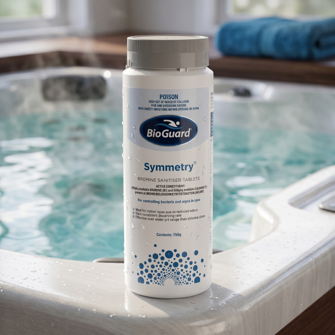 750g bottle of BioGuard Symmetry Bromine Sanitiser Tablets sitting on the ledge of an indoor spa, showing a low-odour alternative to chlorine for hot tubs.