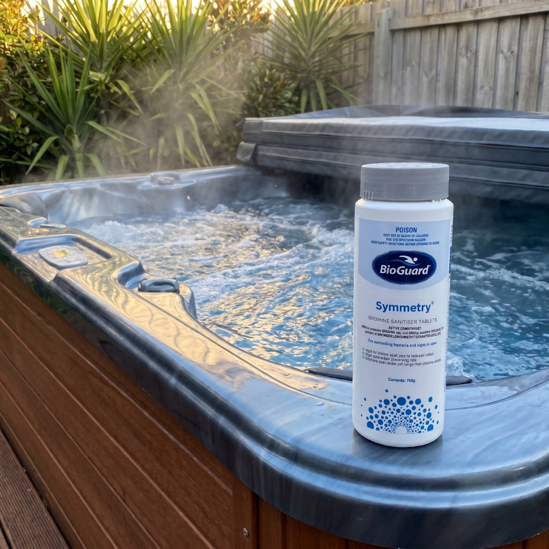 A 750g bottle of BioGuard Symmetry Bromine Sanitiser Tablets on the ledge of a steaming outdoor wooden hot tub, providing a stable chlorine alternative for high-temperature spas.