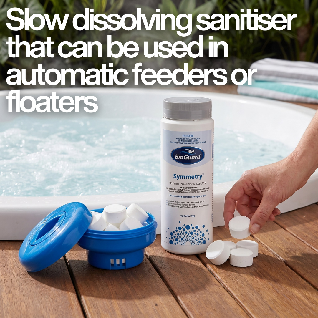 A hand placing BioGuard Symmetry Bromine Tablets into a blue spa floater with text: "Slow dissolving sanitiser that can be used in automatic feeders or floaters."