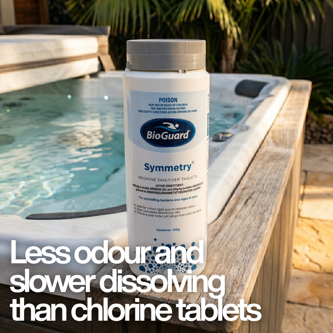 750g bottle of BioGuard Symmetry Bromine Sanitiser Tablets on a spa edge with text: "Less odour and slower dissolving than chlorine tablets," highlighting bromine's benefits for hot tubs.