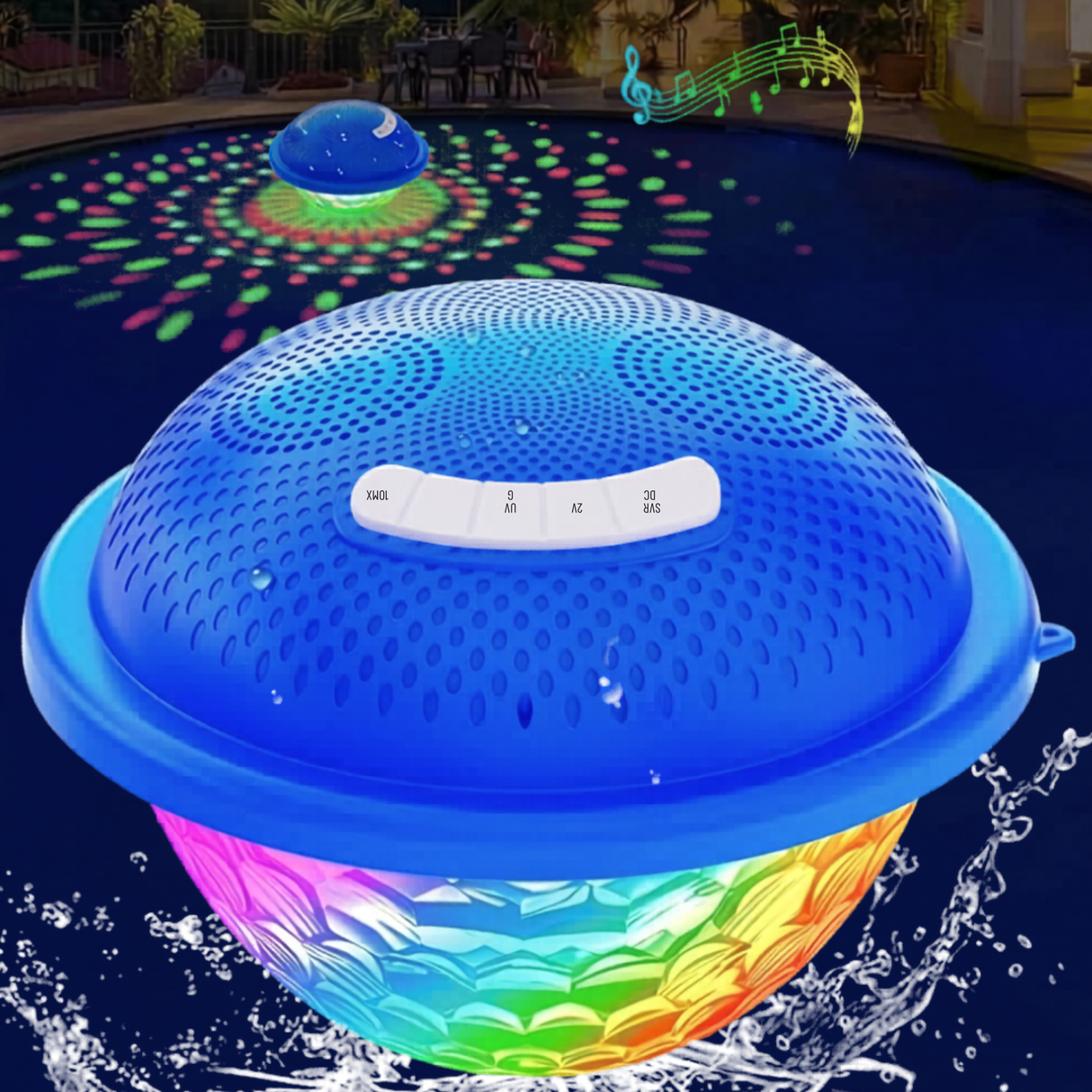 Blue floating Bluetooth pool speaker with a flashing multicolored diamond light show projecting patterns onto the water at night.