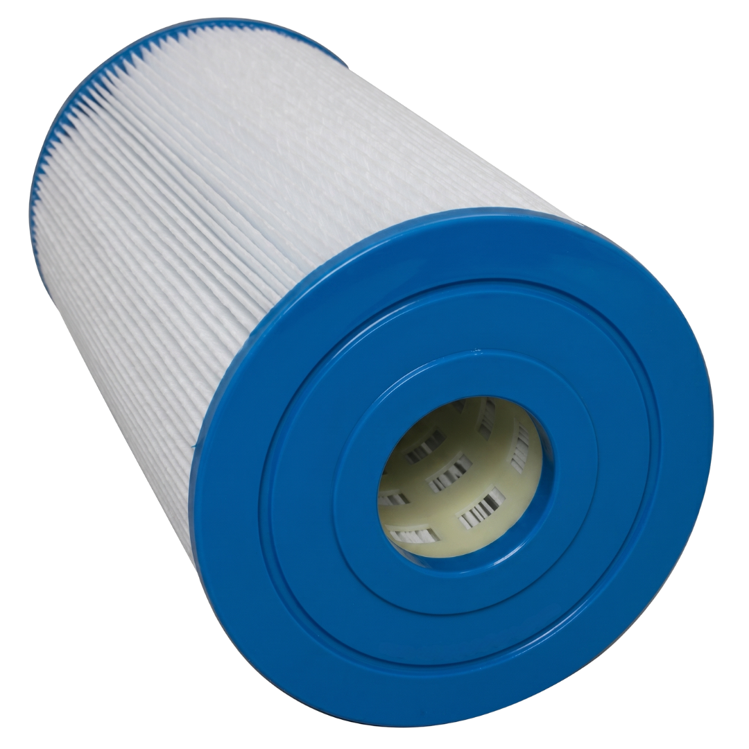 Angled top view of a C5050 replacement cartridge filter element showing the blue open end cap and internal support core