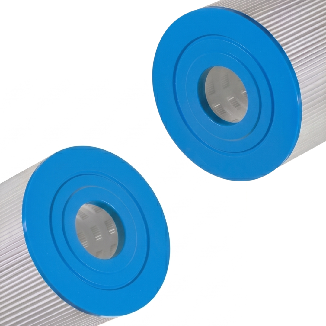 Two C5050 replacement cartridge filter elements showing a close-up view of the blue open end caps and internal support cores