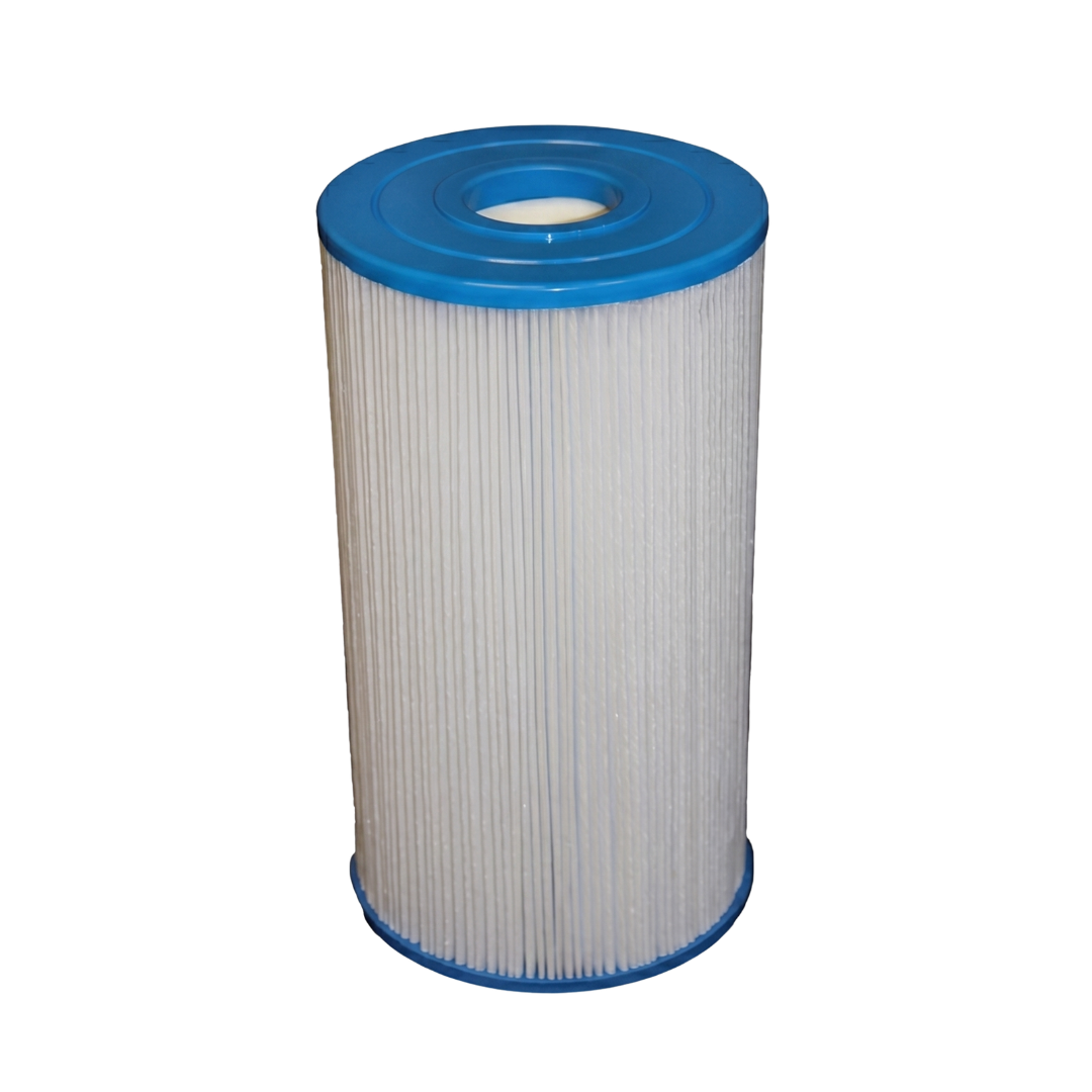 Full profile view of a C5050 replacement cartridge filter element with pleated fabric and blue molded end caps