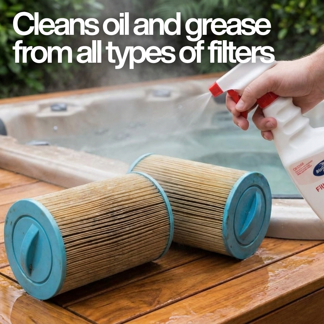 BioGuard SPA Filter Renew spray being applied to two dirty, brown-stained spa cartridge filters to remove oil and grease buildup. Text overlay states: "Cleans oil and grease from all types of filters."