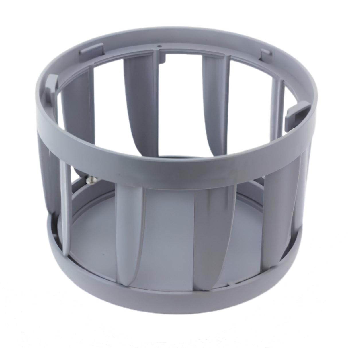 Bottom view of a gray plastic CMP filter safety vane weir replacement showing internal locking tabs and vertical grates for hot tub skimmers.