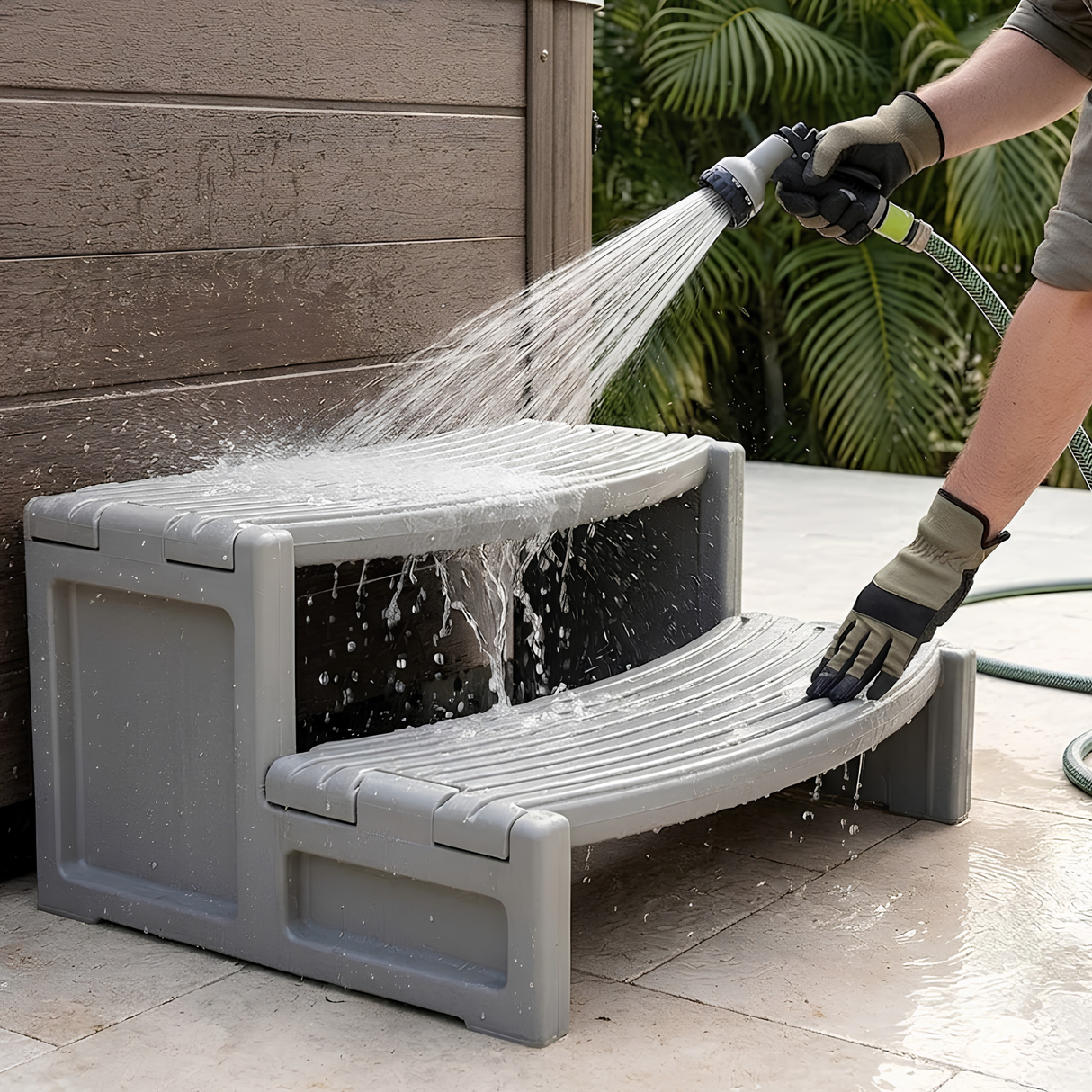A person wearing utility gloves sprays water from a garden hose nozzle to clean a grey plastic two-tier Confer Plastics Handi-Step hot tub entry stair unit.