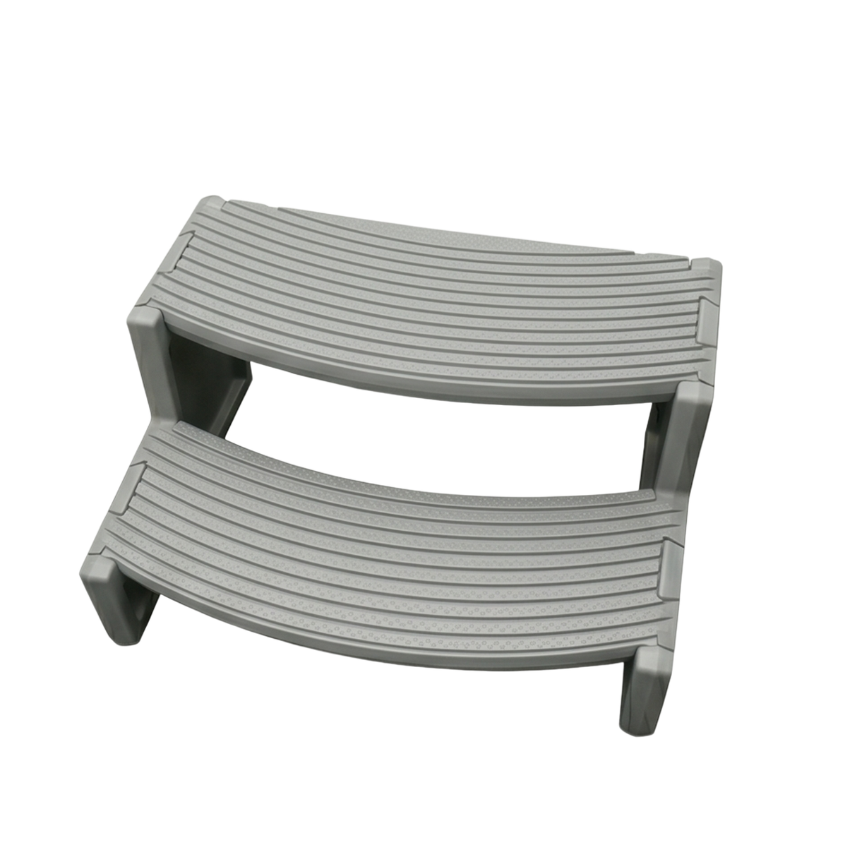 Angled view of a light grey two-tier plastic Confer Plastics Handi-Step portable spa and hot tub stair unit showing the curved anti-slip textured tread patterns.