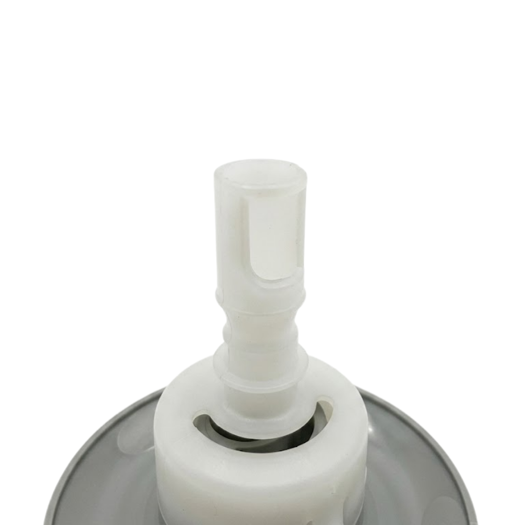Close-up view of the rear white plastic stem on a Cyclone Adj Swirl Emerald Large Face spa jet internal insert, showing the notched side entry port and white body casing.