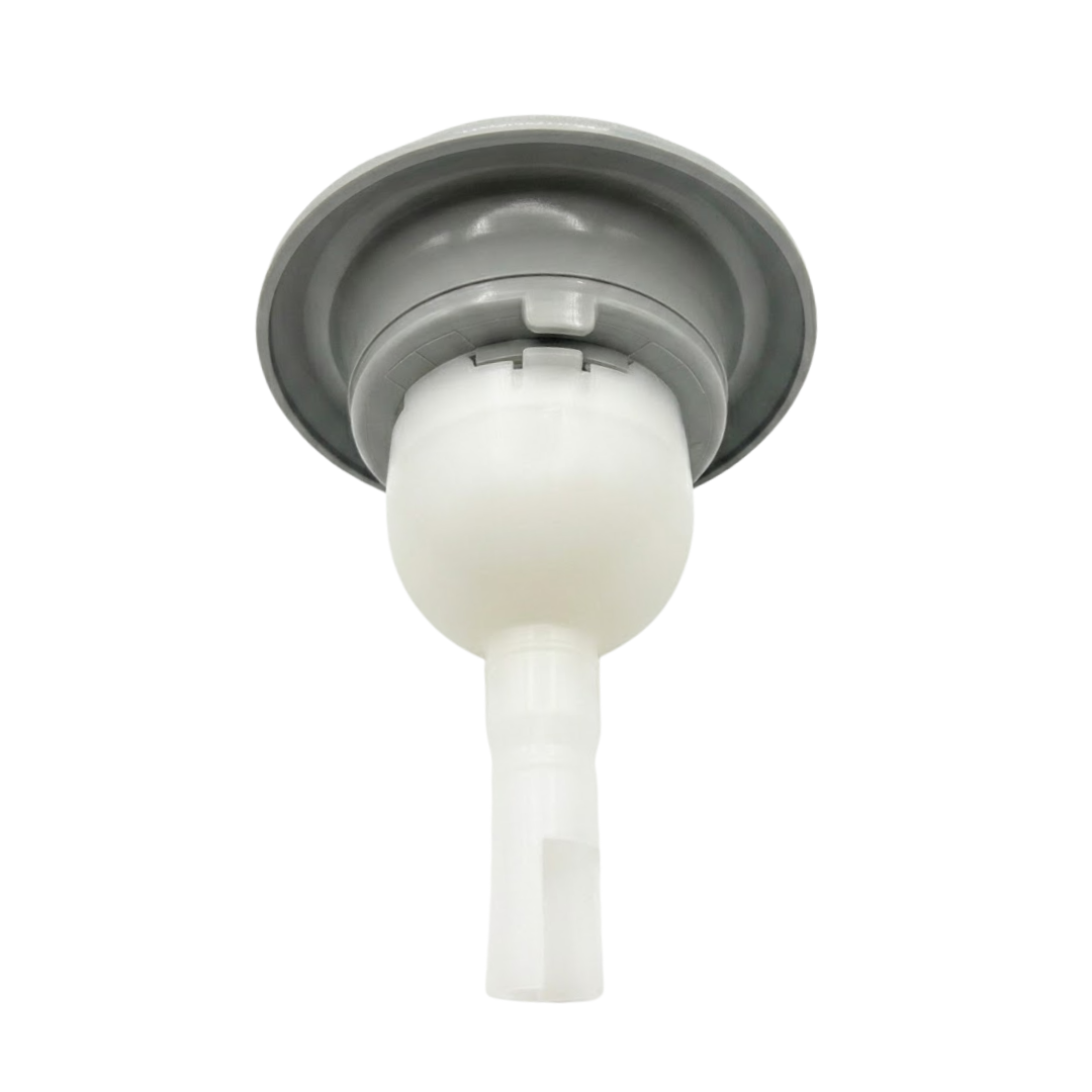 Three-quarter rear bottom view of a grey Cyclone adjustable swirl spa jet internal insert, showing the backside of the circular grey face bezel, bulbous white plastic main body, and long tailpiece stem.