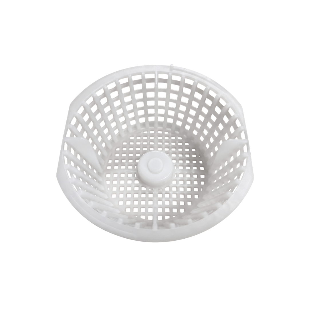 Direct top down view looking inside a white plastic Davey 1000 Series small pool skimmer basket showing the square grid mesh and central handle attachment