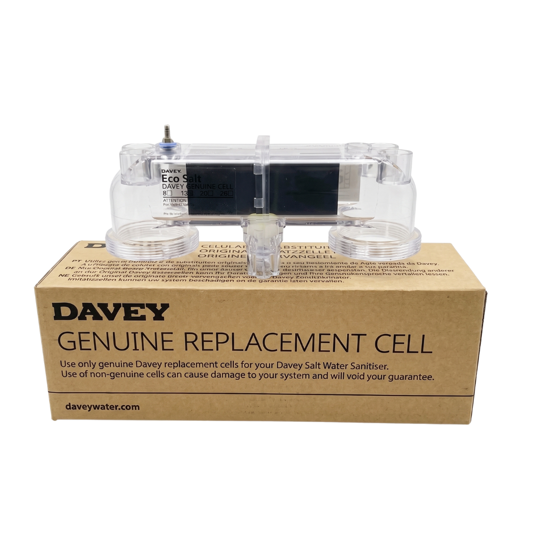 Rear view of a genuine clear Davey Eco Salt replacement chlorinator cell showing internal plates, sitting on top of its brown cardboard Davey Genuine Replacement Cell product box.