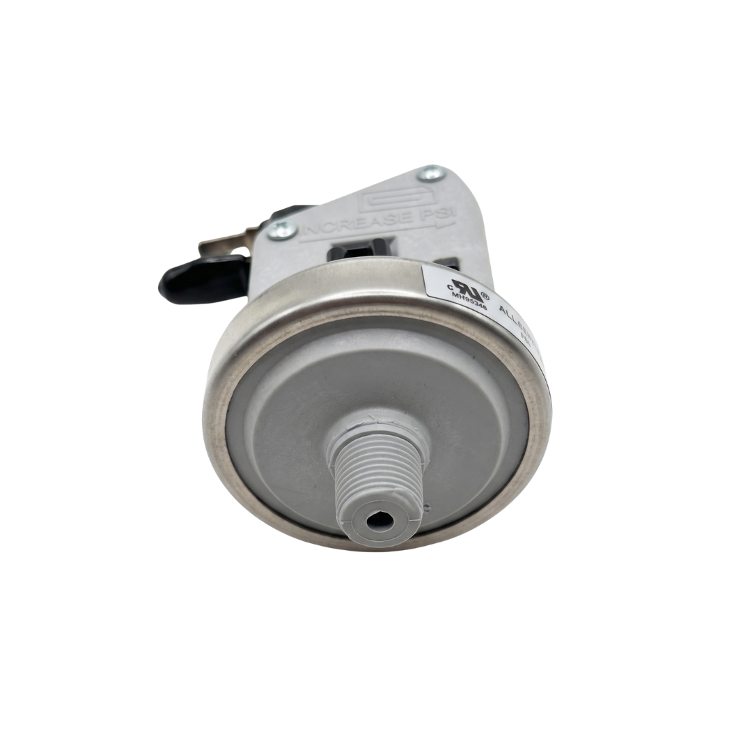 Close-up view of the plastic threaded connection on a pressure switch for the Davey Eco Spa salt chlorinator system, showing the metal rim and adjustable PSI casing.
