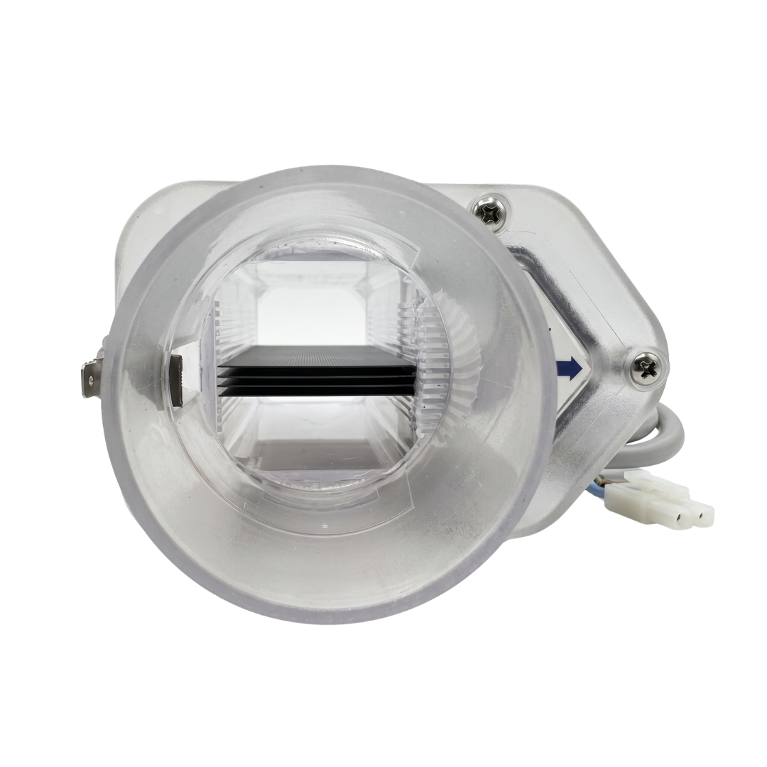 End-on view looking inside a Davey Eco Spa salt chlorinator replacement cell, showing the parallel black titanium electrode plates housed within the clear plastic plumbing casing.
