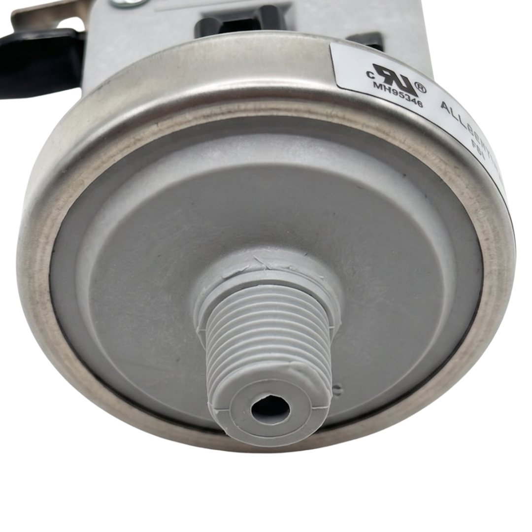 Macro close-up of the grey plastic threaded inlet pipe on a Davey Eco Spa salt chlorinator pressure switch, showing the metal collar and MH95346 certification label detail.
