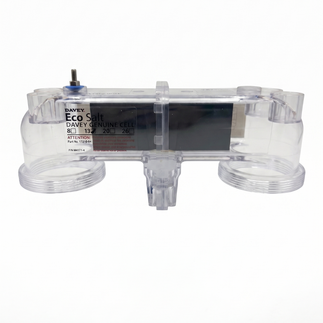 Straight rear view of a clear genuine Davey Eco Salt 13 replacement chlorinator cell, highlighting the product specification label with part number 17210-04 and the top earthing post terminal.