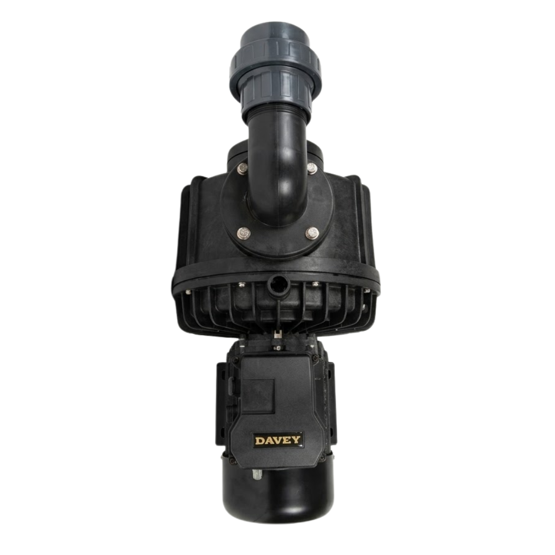 Direct overhead top studio view of a Davey Hurricane H300M Turbo 15A spa pump, highlighting the Davey branded terminal box, large circular wet end casing, and top 90-degree discharge elbow with grey quick-connect barrel union isolated on white.