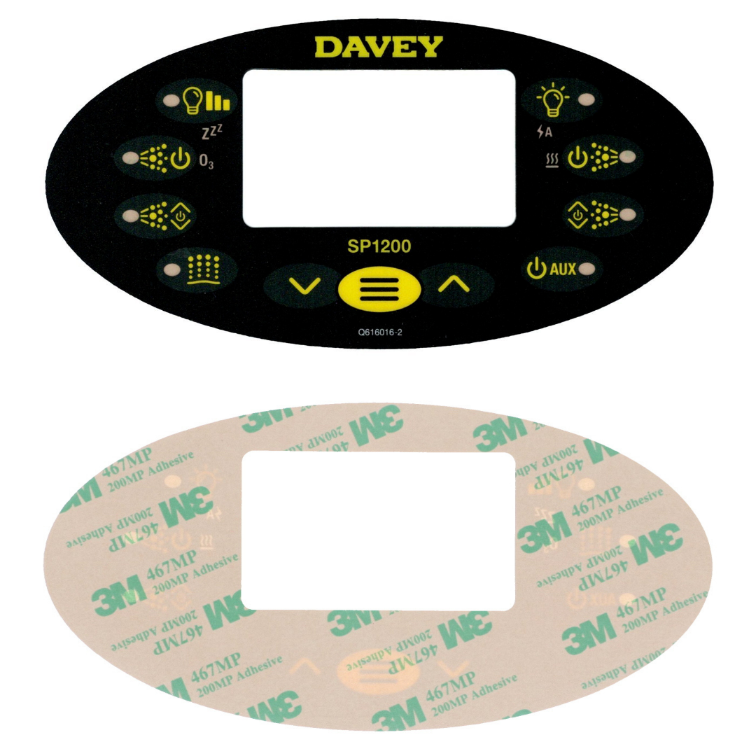 Dual view showing the front and back of a replacement graphic overlay sticker decal for a Davey SP1200 oval spa touchpad controller, displaying the front interface design with yellow markings next to the rear 3M 467MP 200MP adhesive backing paper.