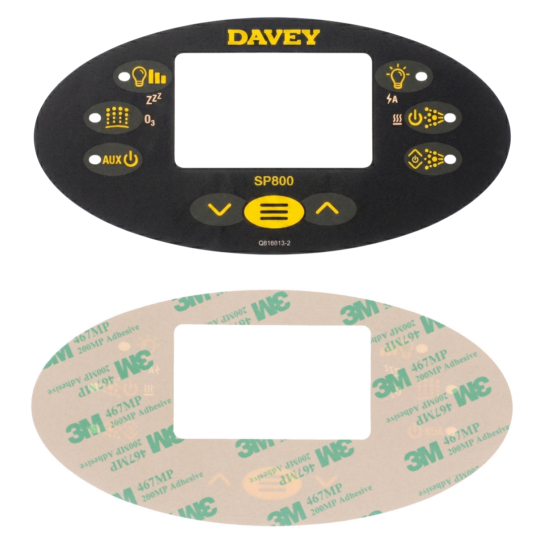 Dual view showing the front and back of a replacement graphic overlay sticker decal for a Davey SP800 oval spa touchpad controller, displaying the front interface design with yellow markings and SP800 label next to the rear 3M 467MP 200MP adhesive backing paper.
