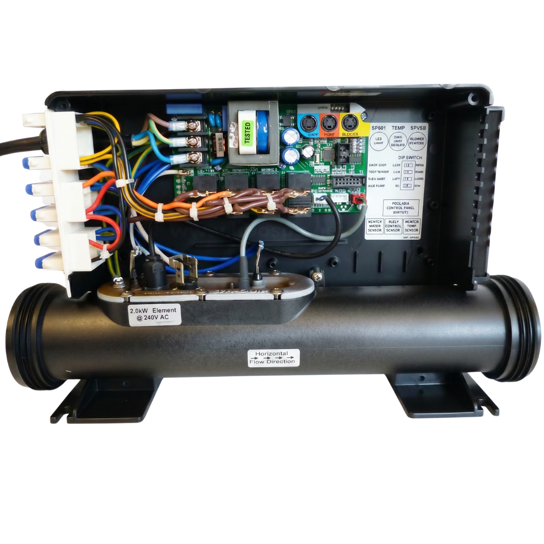 Internal view of a Davey Spa Power SP601 controller box, showing the green printed circuit motherboard, terminal wiring, dip switches, and the integrated 2.0kW heater element tube assembly at the bottom.