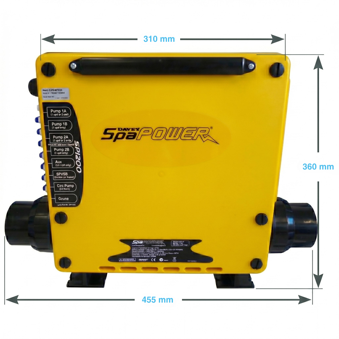 A technical dimension diagram for the yellow Davey SpaPower SP1200 controller, showing measurements of 310mm for the main casing width, 360mm total height, and 455mm total width including the heater barrel union pipe connections.