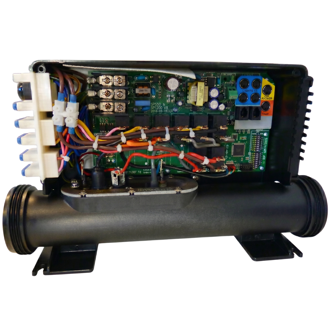 Internal view of a Davey SpaPower SP800 controller showing the green printed circuit board (PCB), electrical wiring connections, terminal blocks, and the attached black heater tube element.