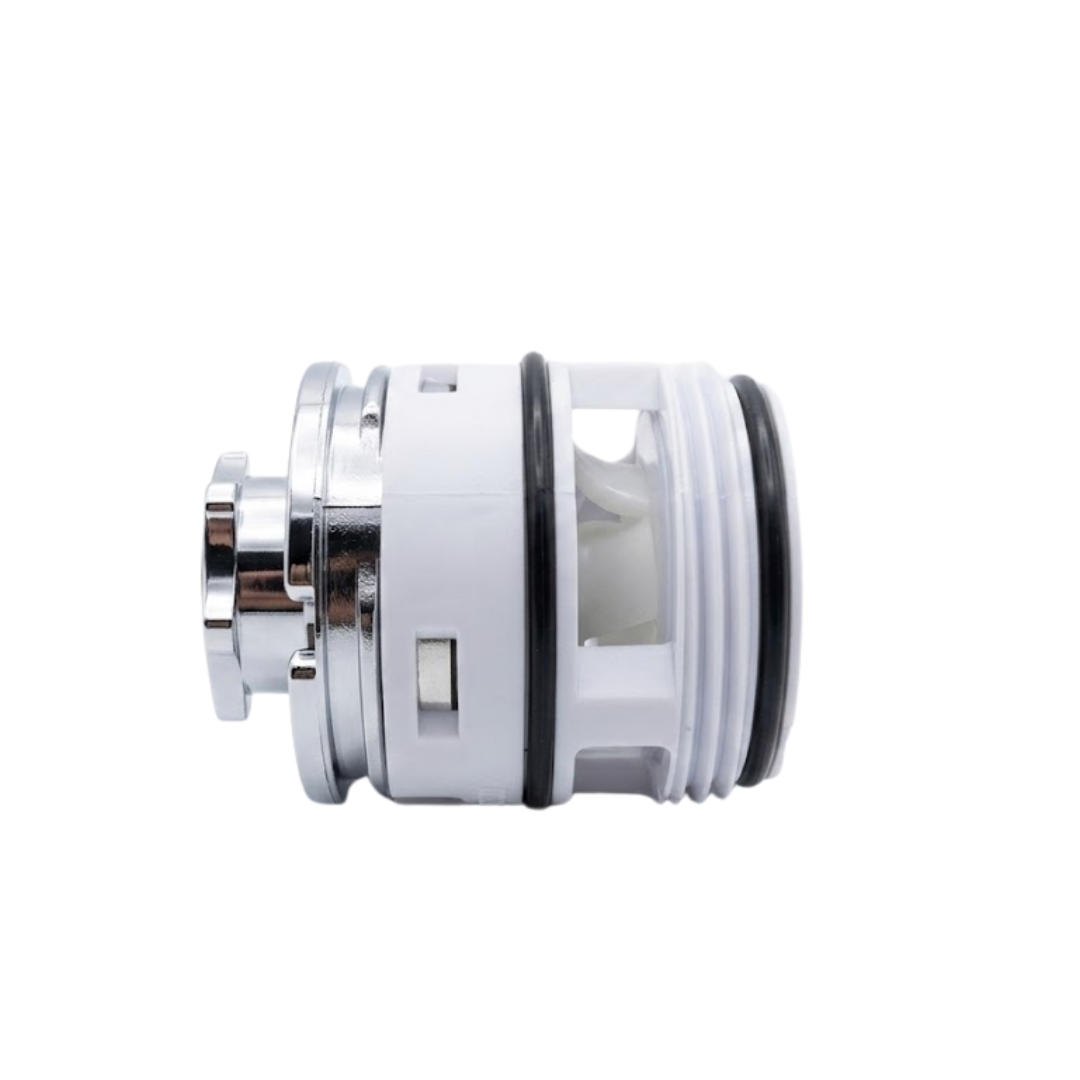 Side profile view of a directional internal chrome SL spa jet replacement showing white body, o-rings, and chrome nozzle.