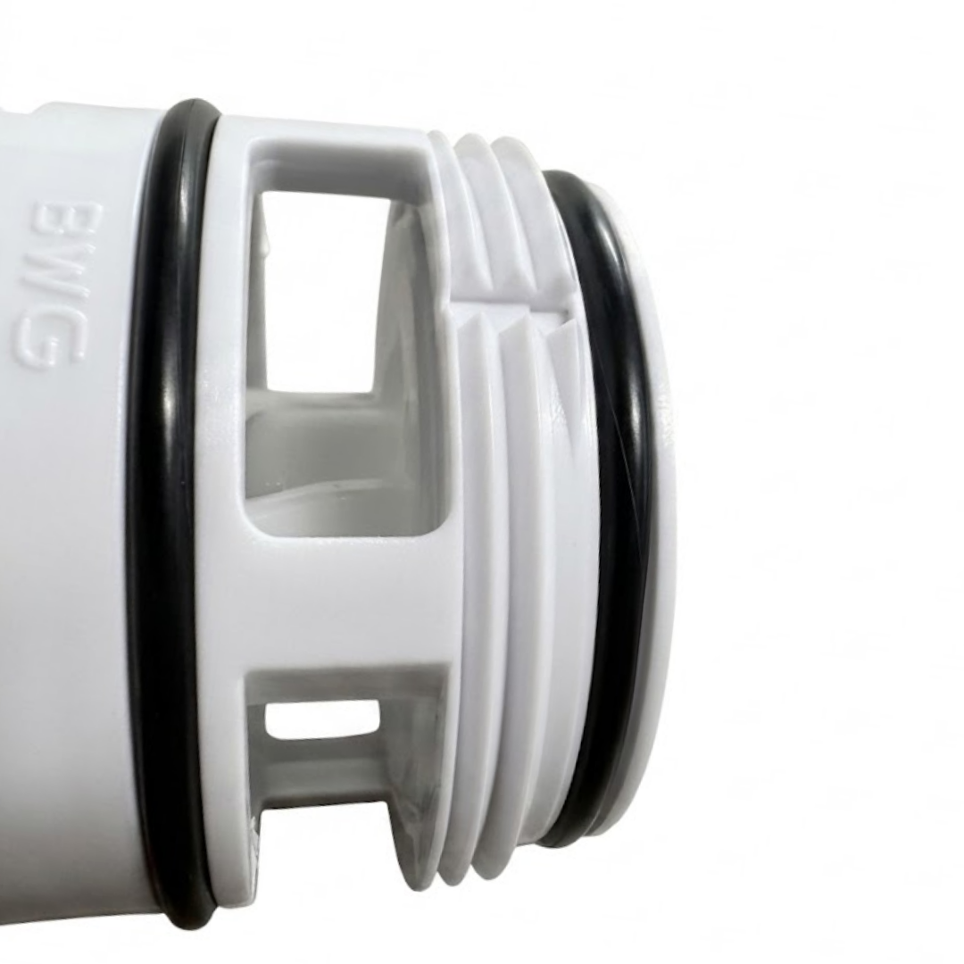 Macro close-up of BWG spa jet threaded body casing showing rubber o-ring seals and locking threads.