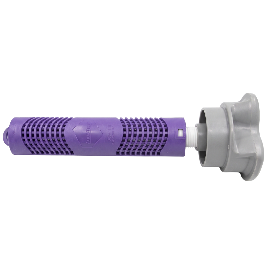 Horizontal profile view of a grey disposable spa filter cap screwed onto a purple Aqua-Tech fine-mesh mineral sanitizer cartridge for Nature 2 stick systems