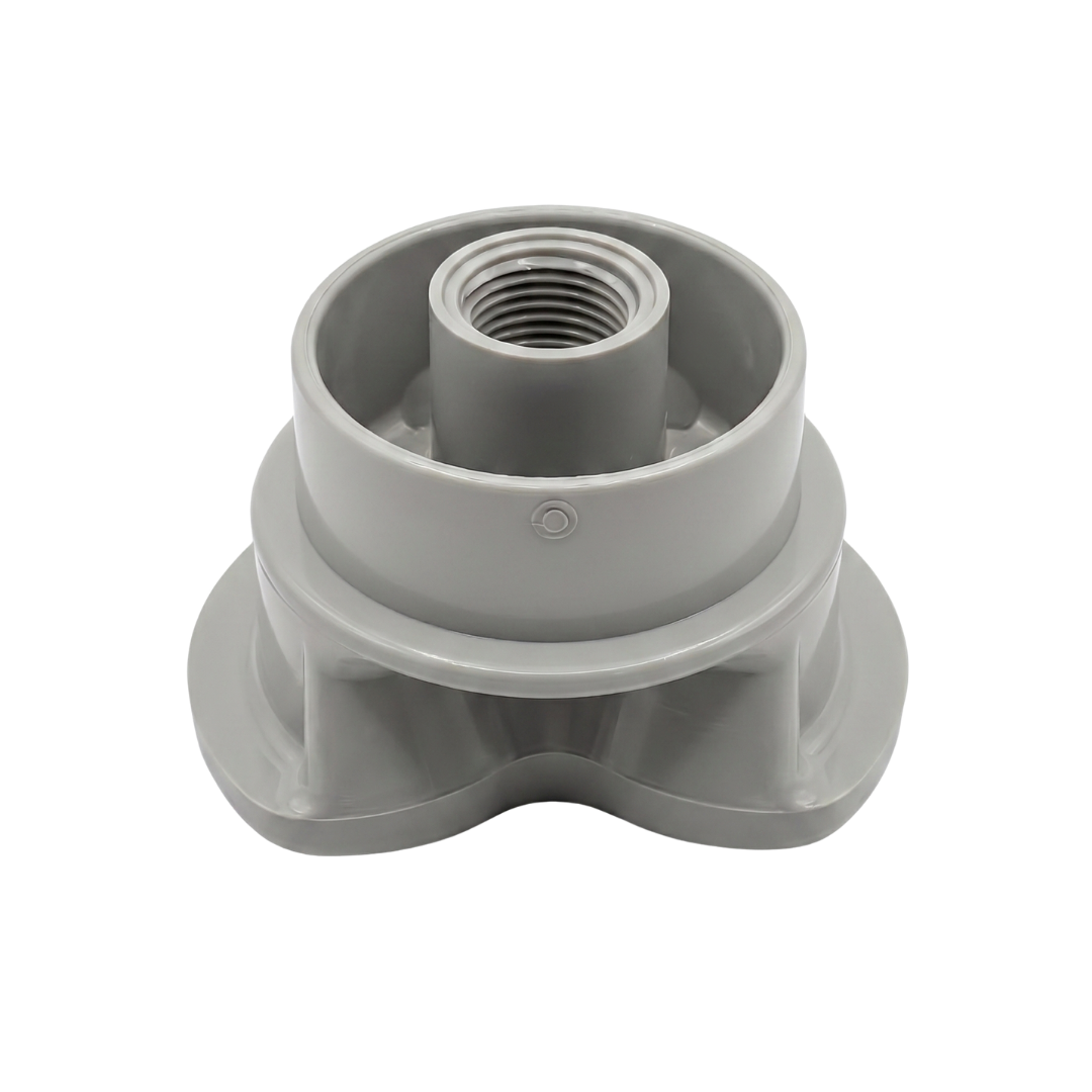Slightly elevated underside view of a grey disposable spa filter cap replacement for Nature 2 mineral sanitizer sticks centering the female threaded internal core