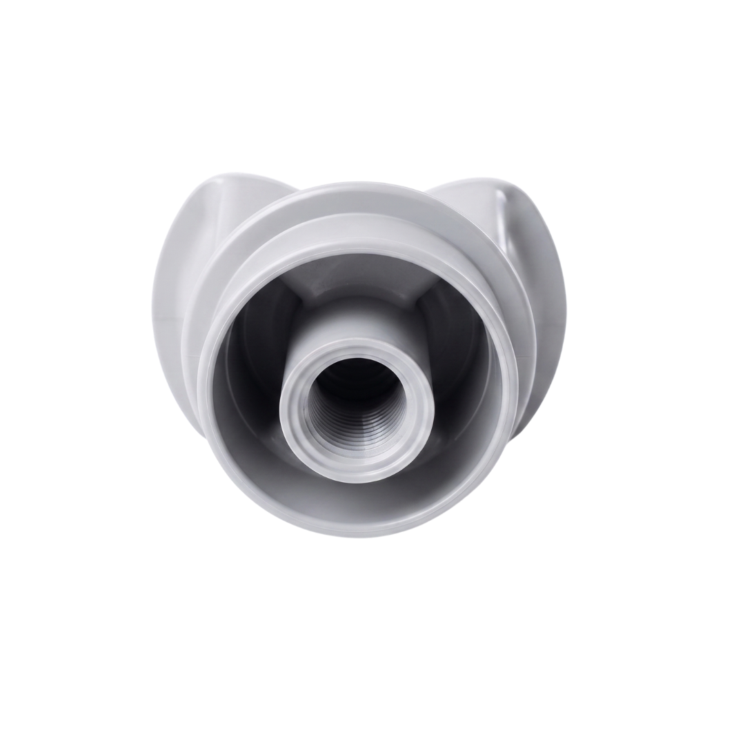 Direct bottom-up view of a grey disposable spa filter cap replacement for Nature 2 mineral sanitizer sticks highlighting the internal female thread connection and concentric alignment ring