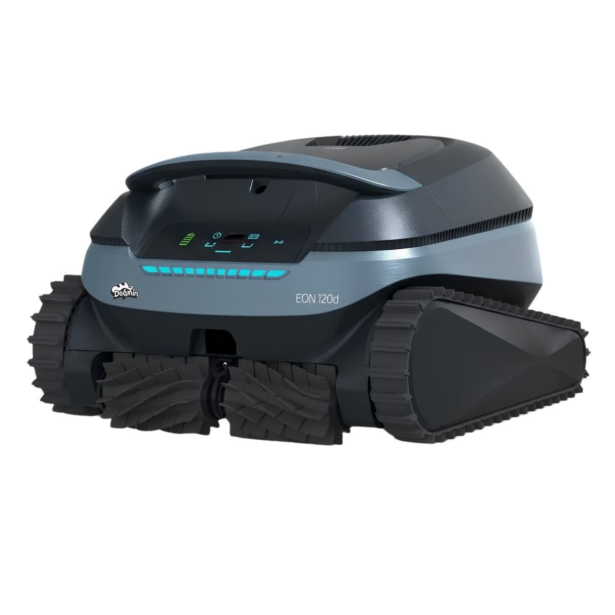 Maytronics Dolphin EON 120d cordless robotic pool cleaner featuring dual active scrubbing brushes, continuous tracks, and a sleek grey and blue chassis design on a white background.