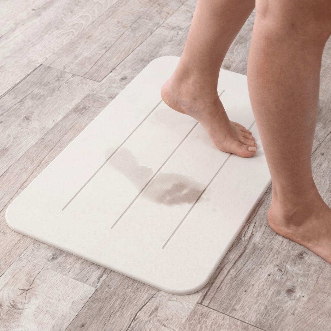 Action photo of bare feet stepping onto a white Drysorb diatomaceous earth bath mat with grooved lines, demonstrating fast moisture absorption leaving damp footprints on a light wood-look floor.