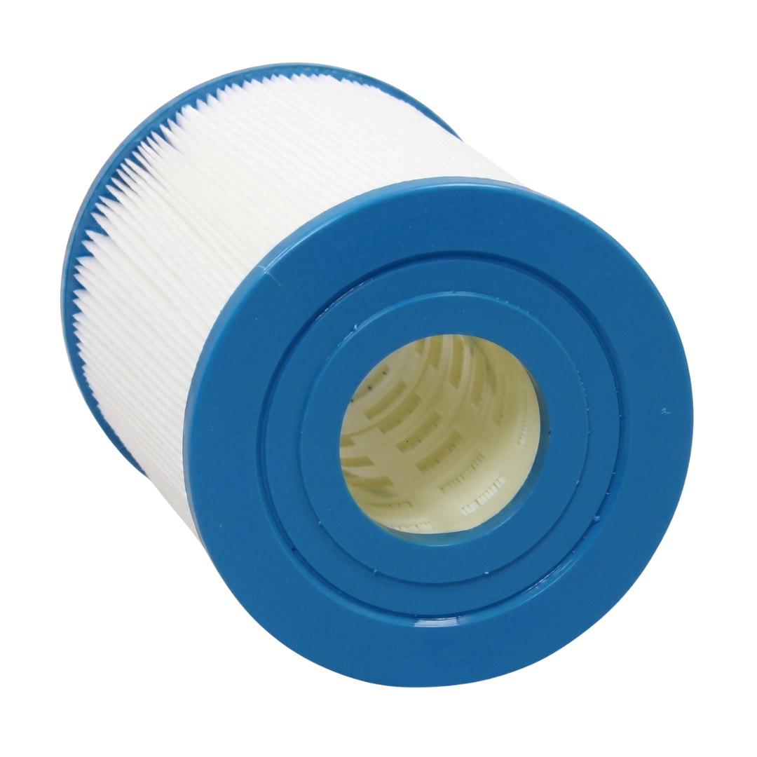 Angled close-up view of a single DSF50 spa filter element highlighting the blue open end cap and the internal plastic support core grid