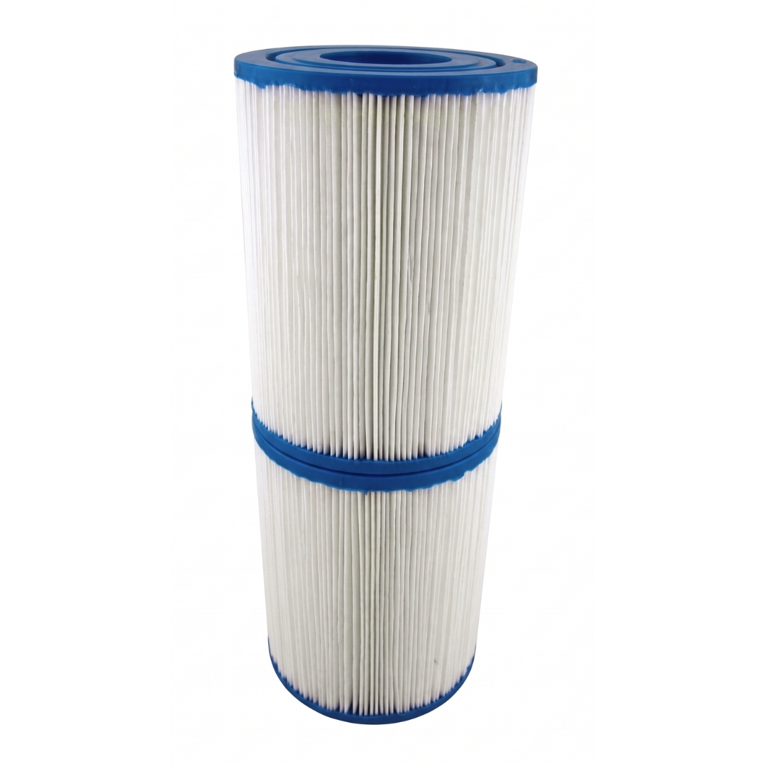 Slightly elevated front profile view of a 2-pack replacement kit featuring two DSF50 spa filter elements stacked vertically to showcase the blue open top end cap
