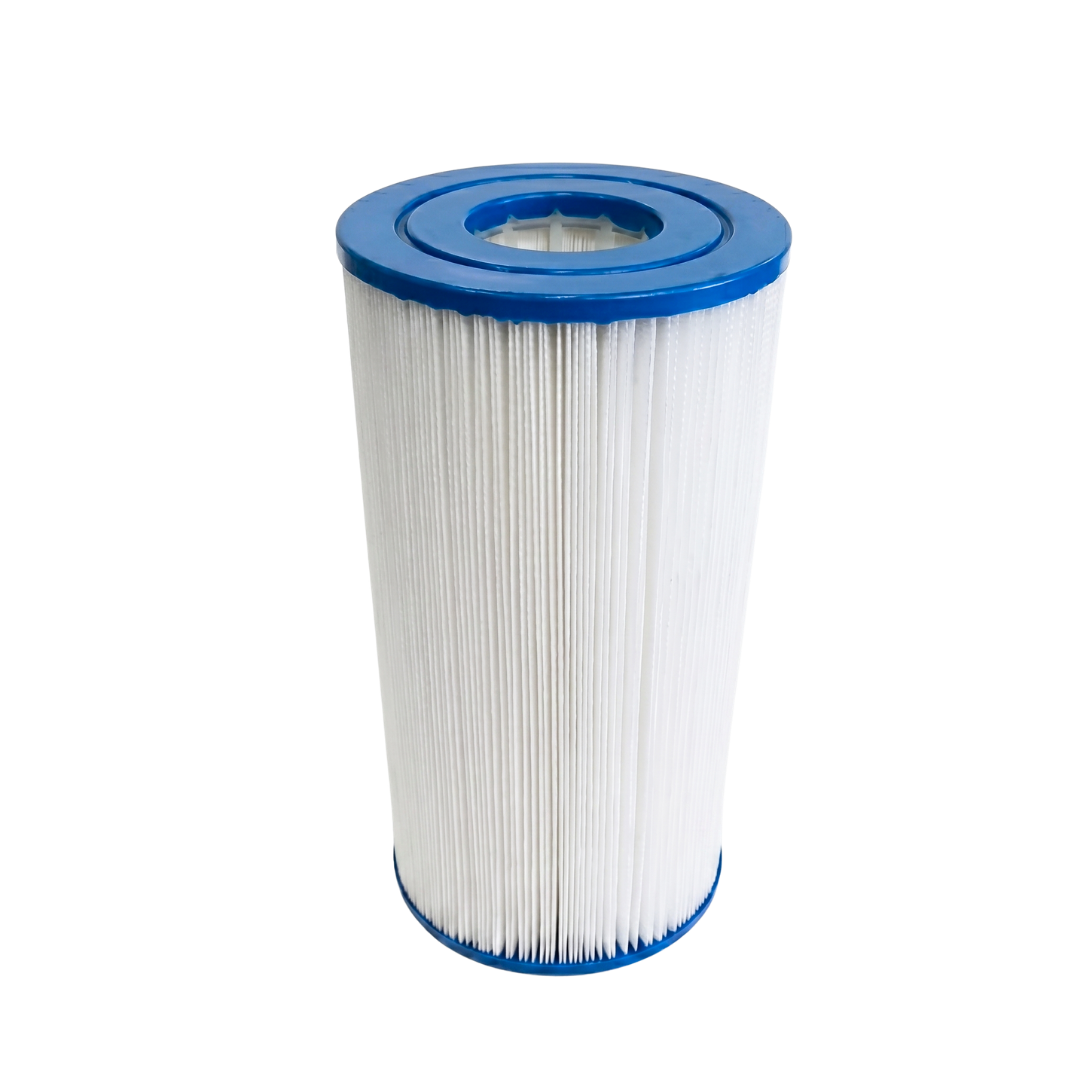 Slightly elevated front profile view of a 35 Sq Ft replacement filter cartridge for Dyno Flo Tonga spas showing the blue open top end cap