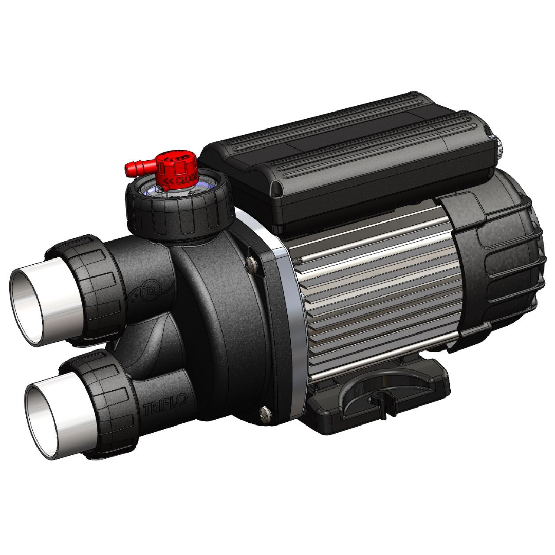 Three-quarter 3D CAD render of an EdgeTec 1 Hp 6100 Auto Heat spa bath pump fitted with dual barrel unions, red air switch button valve, and ribbed motor housing isolated on white.