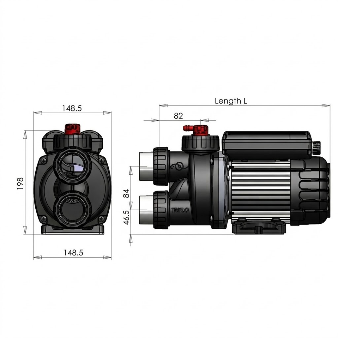 Technical dimensional line drawing showing front and side profile measurements for the EdgeTec 1 Hp 6101 Xtra Heat spa bath pump isolated on white.