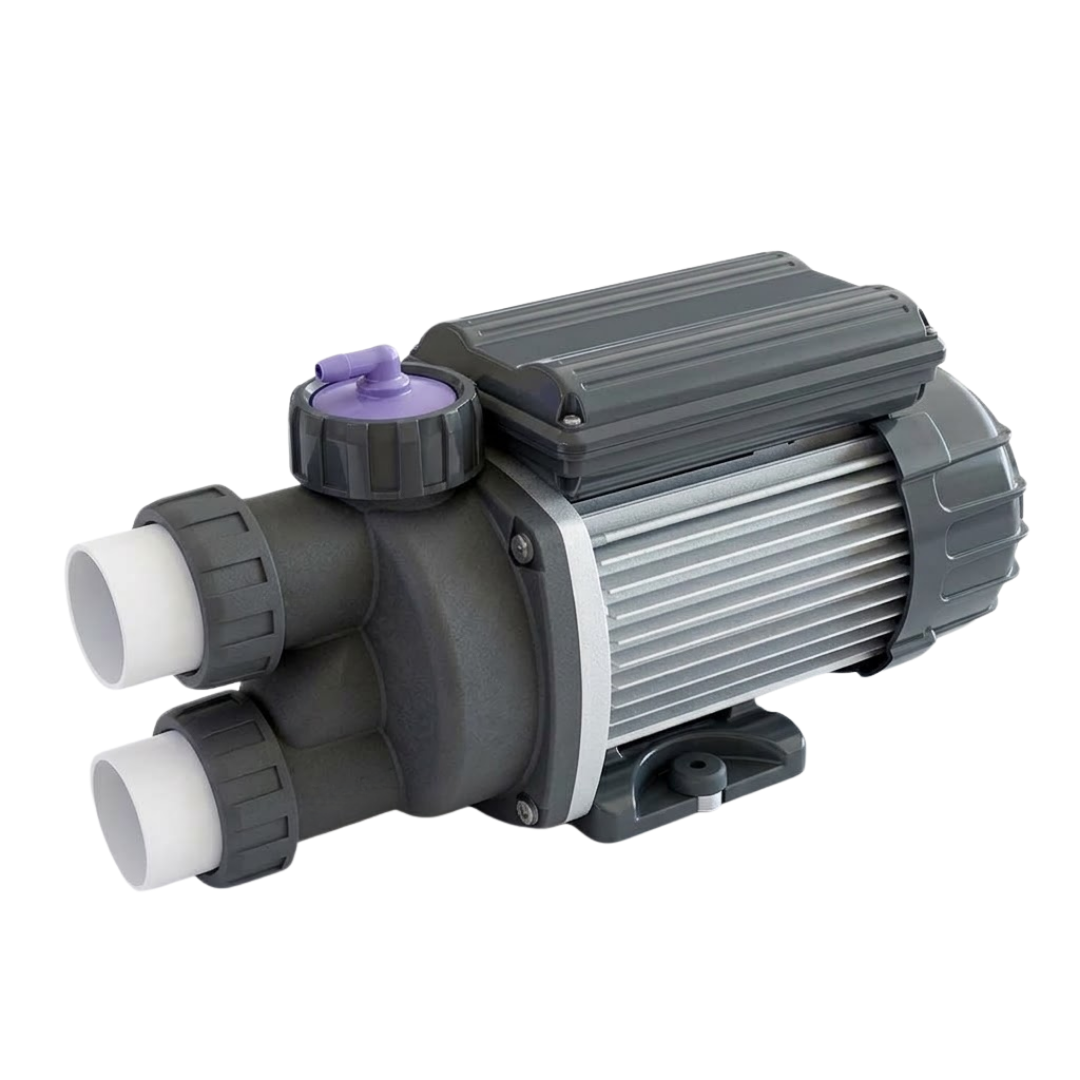 Three-quarter studio view of an EdgeTec 1 Hp 6101 Xtra Heat spa bath pump with attached barrel unions, purple air switch barb fitting, and ribbed aluminum motor housing isolated on white.