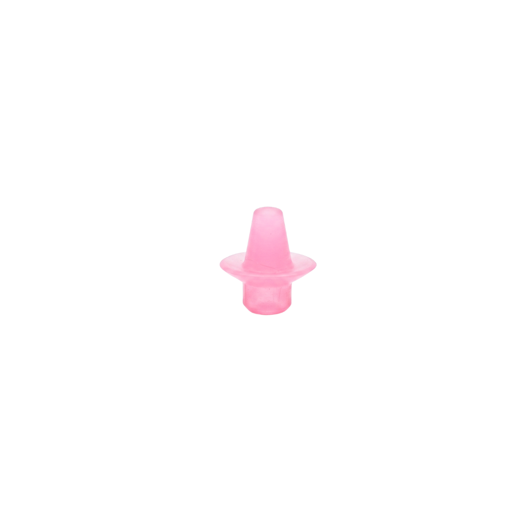 A straight on eye level view of a small pink semi translucent plastic replacement air injector cone for Edgetec spa jets showing its symmetrical tapering nozzle