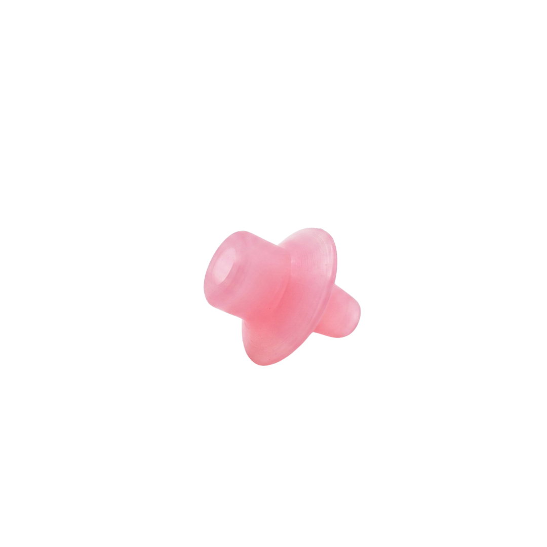A rear angled view of a small pink semi translucent plastic replacement air injector cone for Edgetec spa jets showing the hollow internal opening