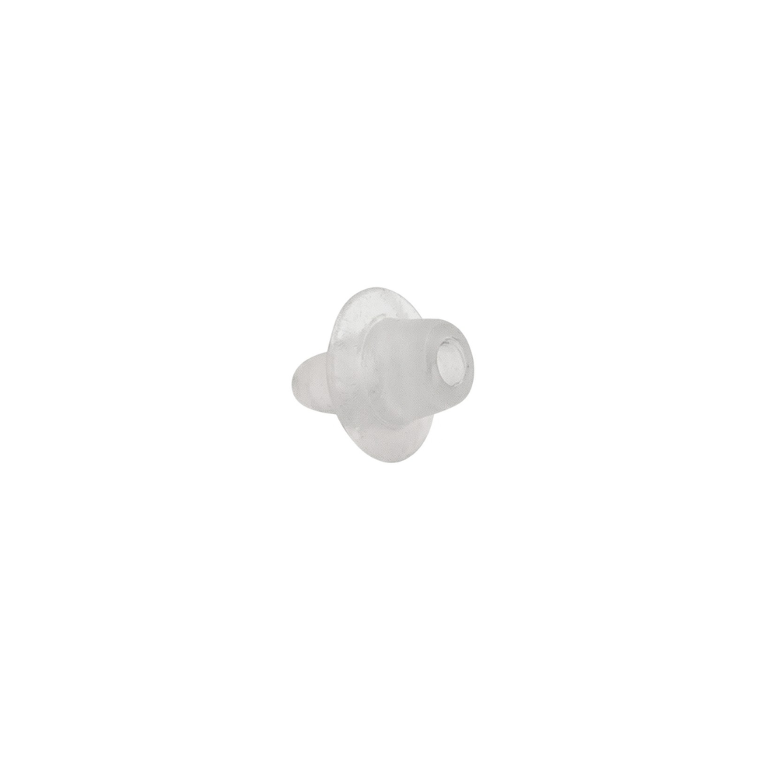 A rear angled view of a small clear transparent plastic replacement air injector cone compatible with Edgetec spa jets showing the hollow internal socket