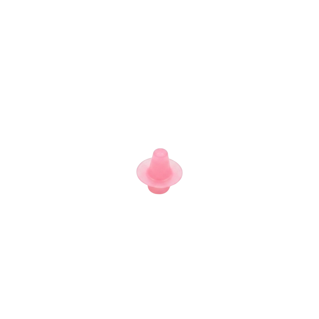 An upright vertical view of a small pink semi translucent plastic replacement air injector cone for Edgetec spa jets showing the circular collar flange