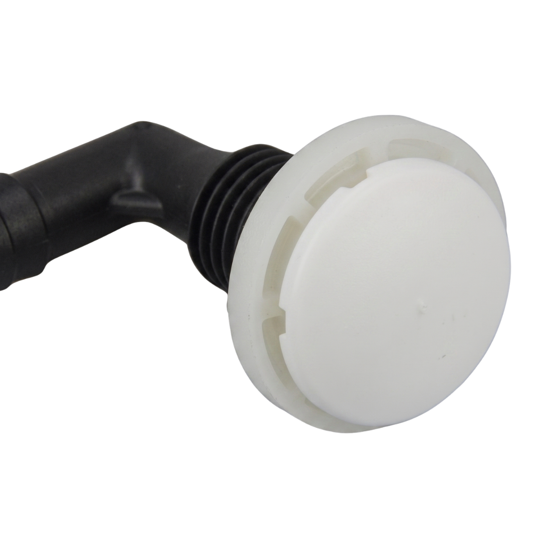 Side profile view of a white Edgetec spa air injector cap snapped into a threaded wall fitting body connected to a black 90 degree plumbing elbow