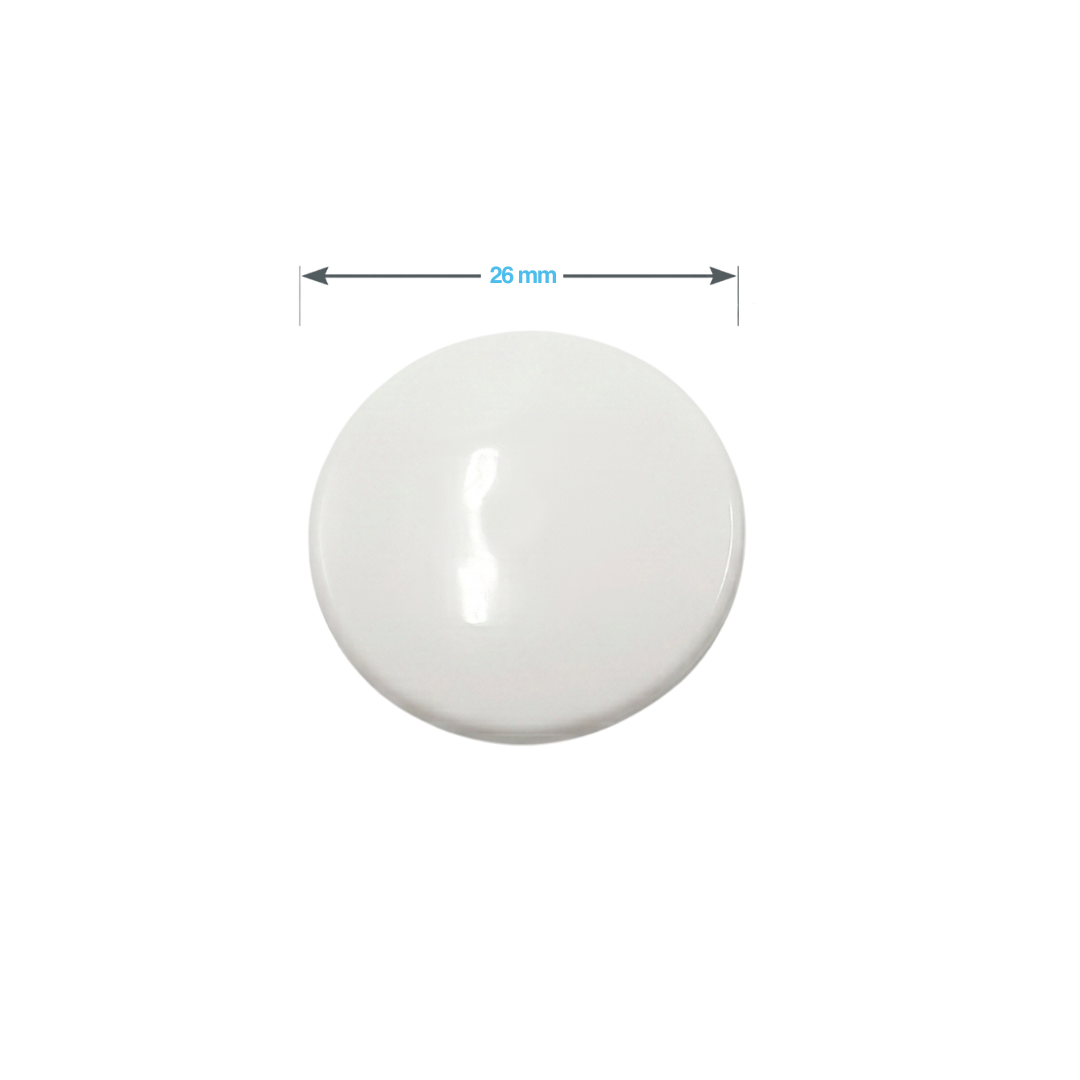 Front view of a white Edgetec spa air injector jet replacement cover plate with an overlay diagram showing a 26mm diameter measurement