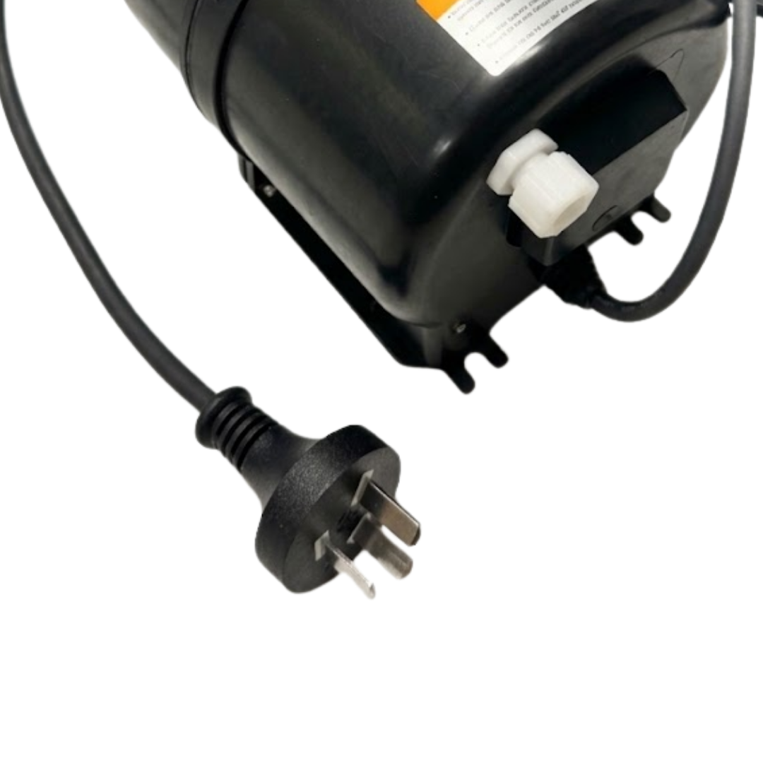 Detailed view of an Enhance Heated Spa Bath Blower highlighting the white air switch tube nipple, mounting bracket base, and standard 3-pin power lead isolated on white.