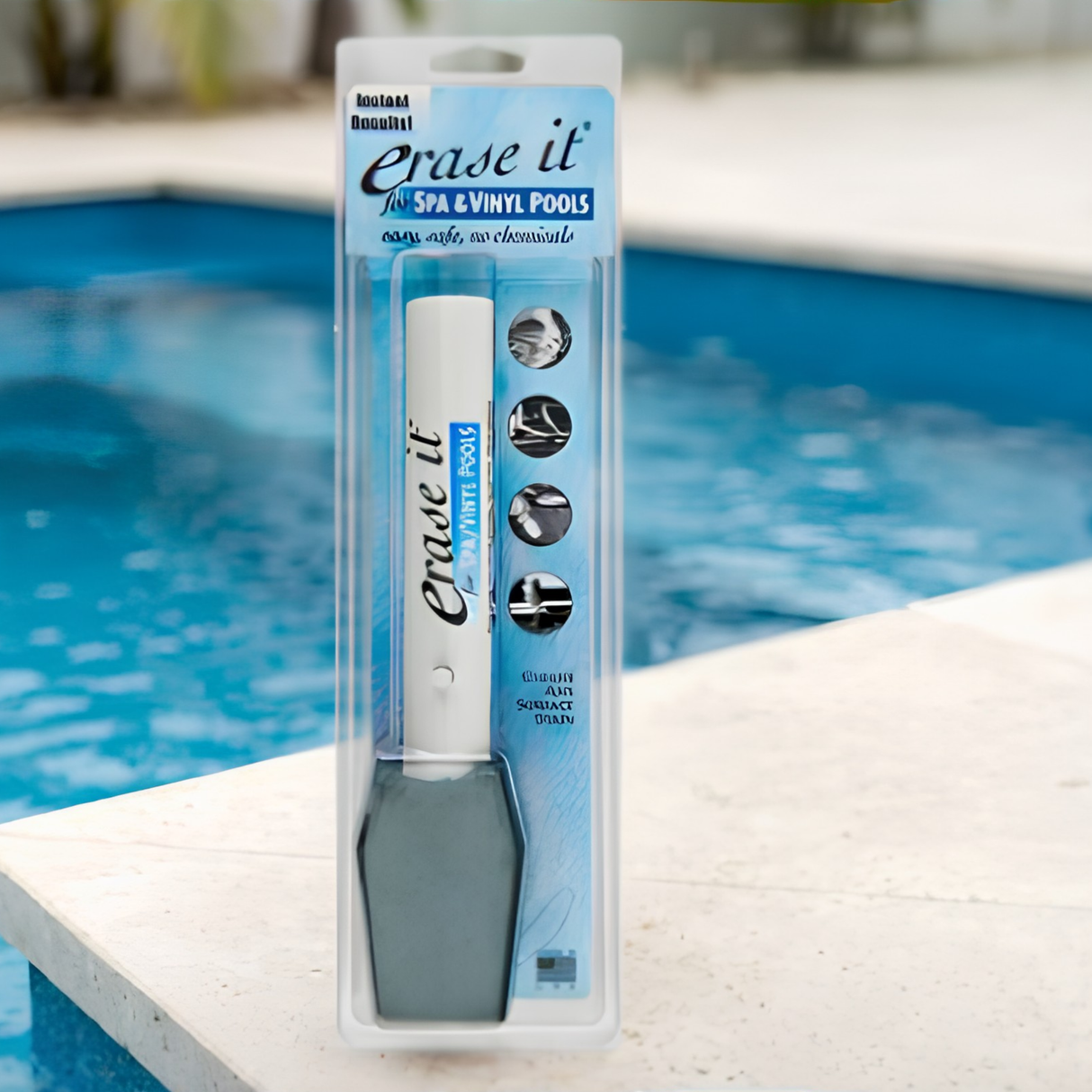 Erase It for Spa and Vinyl Pools stain remover tool in packaging standing next to a backyard swimming pool.