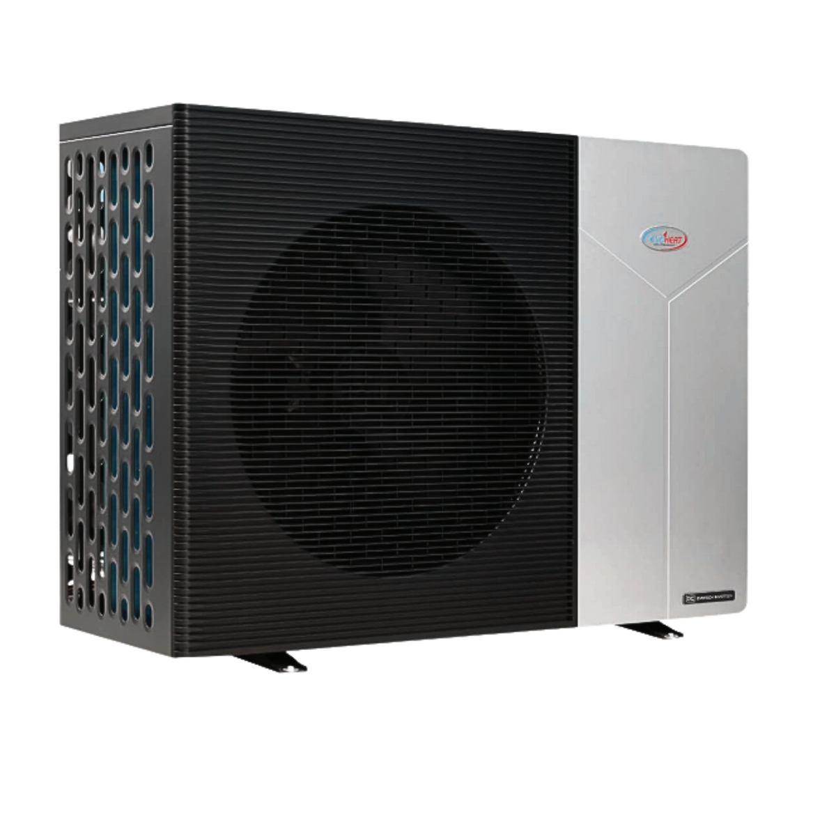 EvoHeat Force-Ai inverter swimming pool heat pump three-quarter angle view displaying the side ventilation slots, black fan grille, and silver control panel cabinet