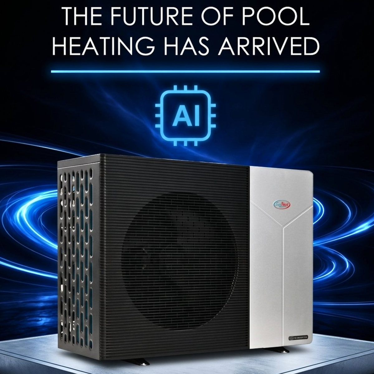 EvoHeat Force-Ai inverter pool heat pump promotional banner with text stating the future of pool heating has arrived featuring a blue glowing AI microchip icon.